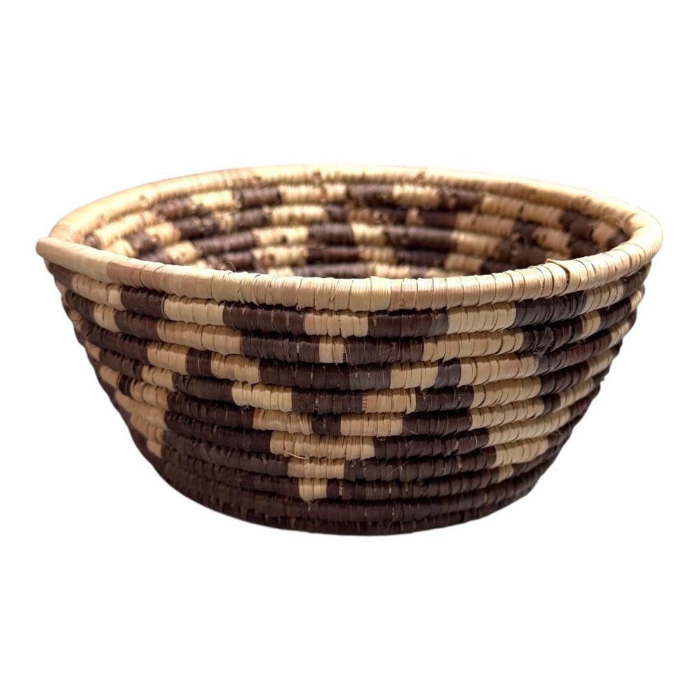 Vintage Handwoven Natural Coil Basket Triangles Tribal Catch All Accent SW 6.5"